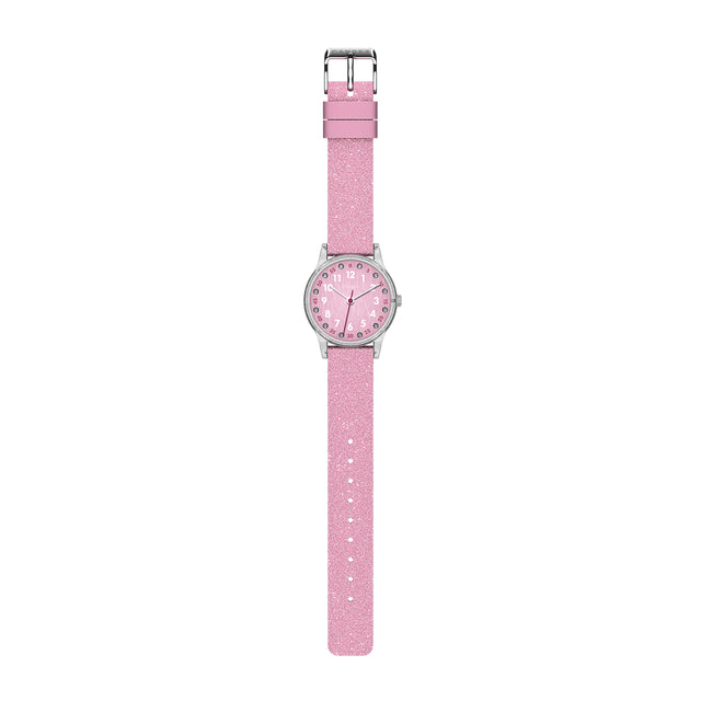 Eine Kinder-Armbanduhr mit einem rosa Glitzerarmband, transparentem Gehäuse und kleinen Schmucksteinen auf dem Ziffernblatt. Die weißen Zahlen auf dem rosa Ziffernblatt sind sehr gut ablesbar.