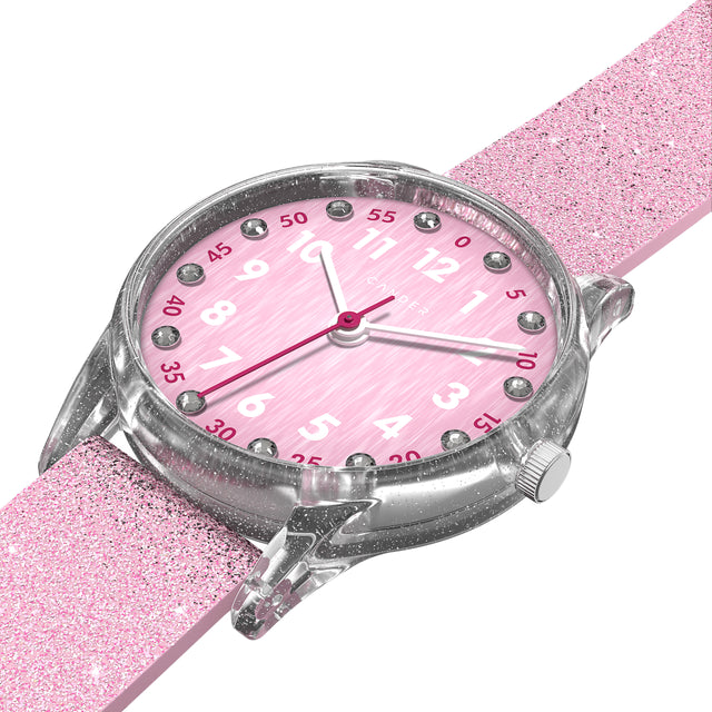 Eine Kinder-Armbanduhr mit einem rosa Glitzerarmband, transparentem Gehäuse und kleinen Schmucksteinen auf dem Ziffernblatt. Die weißen Zahlen auf dem rosa Ziffernblatt sind sehr gut ablesbar.