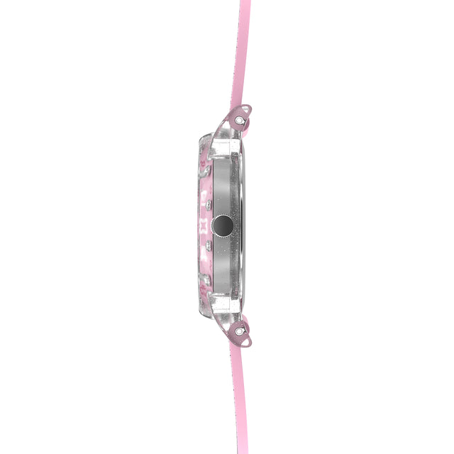 Eine Kinder-Armbanduhr mit einem rosa Glitzerarmband, transparentem Gehäuse und kleinen Schmucksteinen auf dem Ziffernblatt. Die weißen Zahlen auf dem rosa Ziffernblatt sind sehr gut ablesbar.