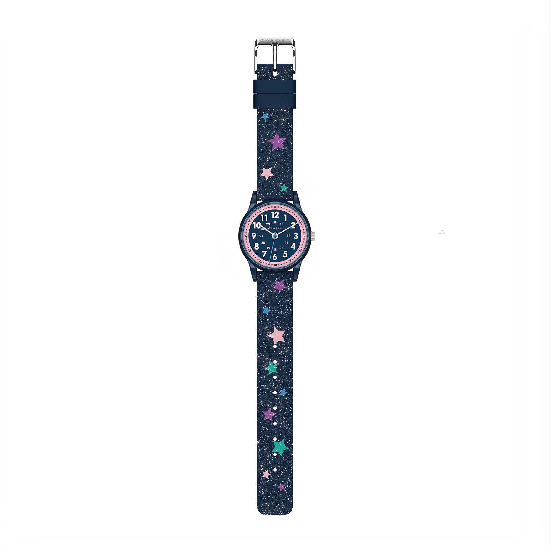 Cander Berlin MNA 1630 R kinderpolshorloge polshorloge meisjes 3 ATM waterdicht leerhorloge analoog glitter blauw sterren kinderen, Riemen