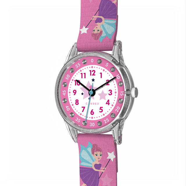 Eine Kinder-Armbanduhr mit einem pinkem Stoffarmband, auf dem zauberhafte Feen abgebildet sind. Das transparente Gehäuse hat ein Glitzereffekt. Auf dem Ziffernblatt befinden sich kleine Schmucksteine. Die großen Zahlen sind auf dem pinkaa- weißem Ziffernblatt sehr gut ablesbar.