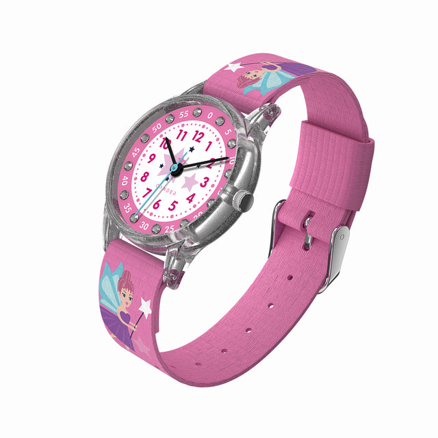 Eine Kinder-Armbanduhr mit einem pinkem Stoffarmband, auf dem zauberhafte Feen abgebildet sind. Das transparente Gehäuse hat ein Glitzereffekt. Auf dem Ziffernblatt befinden sich kleine Schmucksteine. Die großen Zahlen sind auf dem pinkaa- weißem Ziffernblatt sehr gut ablesbar.