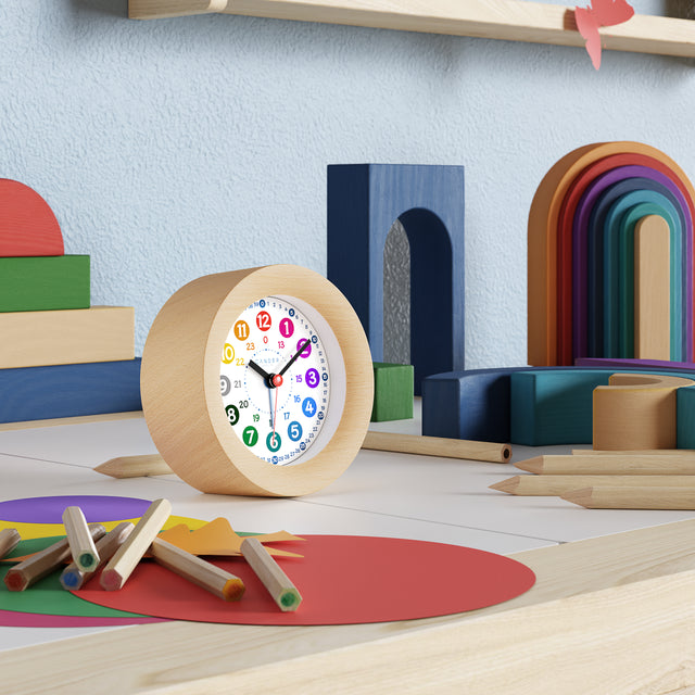 MNU 11110 Silent wooden children's alarm clock with light