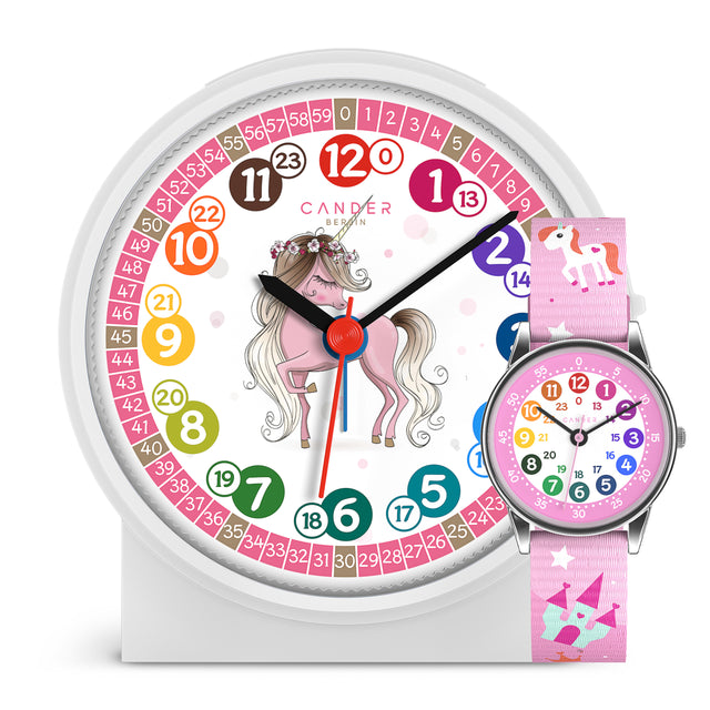 MNU 1709 children's alarm clock with light and MNA 1230 E pink wristwatch